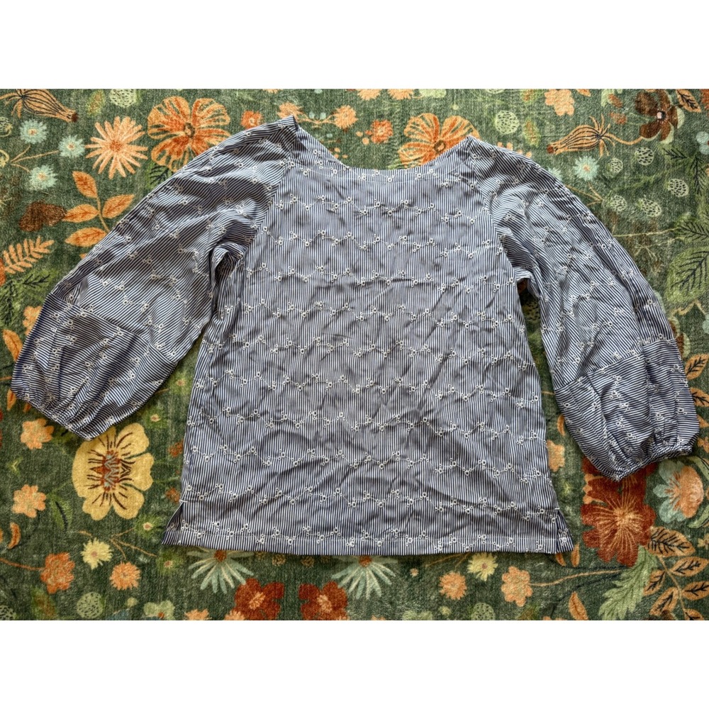 LOFT Blue White Striped Eyelet Embroidered Balloon Sleeve Button Back Top Small